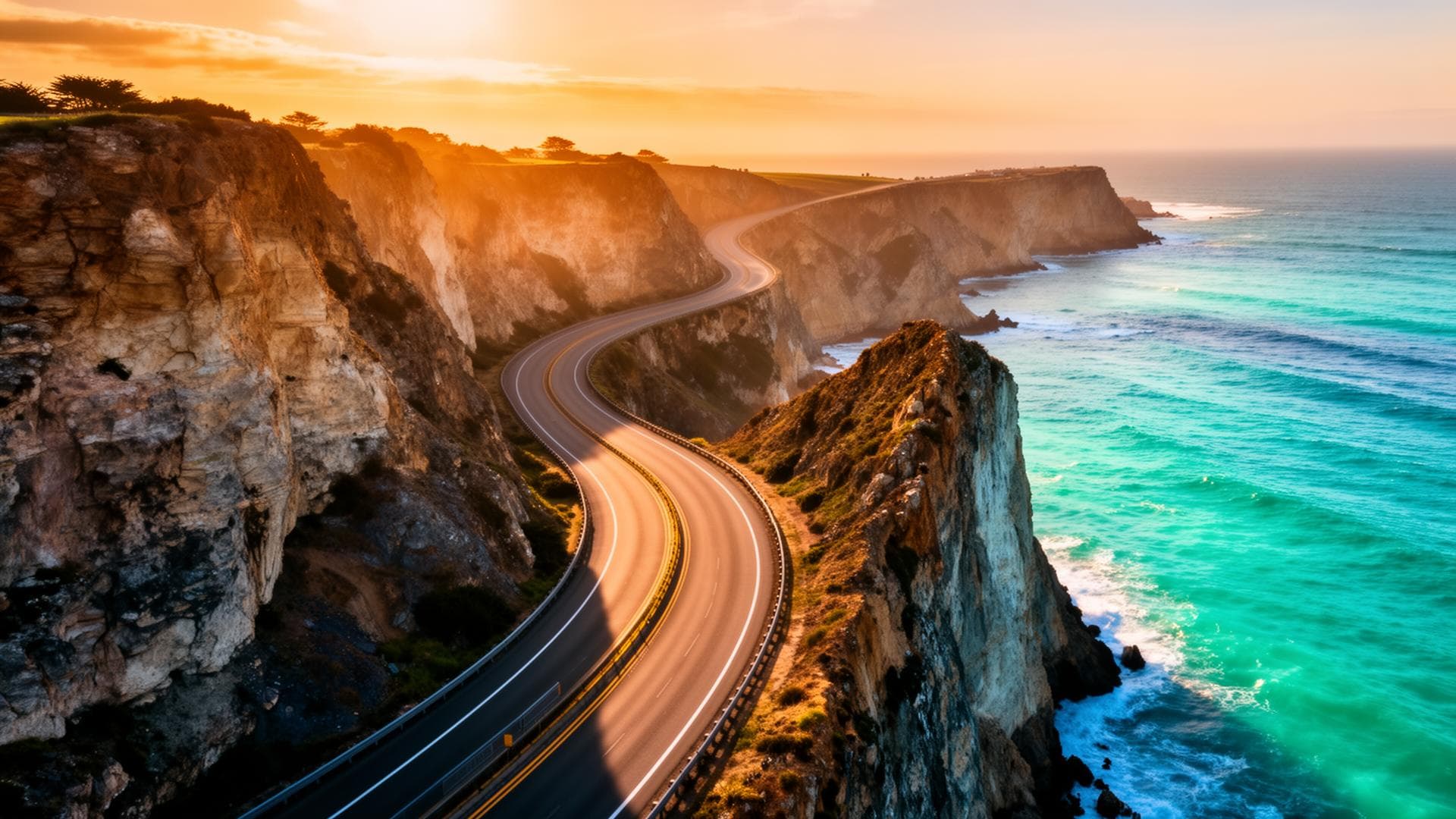 Scenic coastal highway at sunset